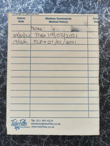 1.Umlazi D clinic reminding card with upcoming dates to collect my medications.