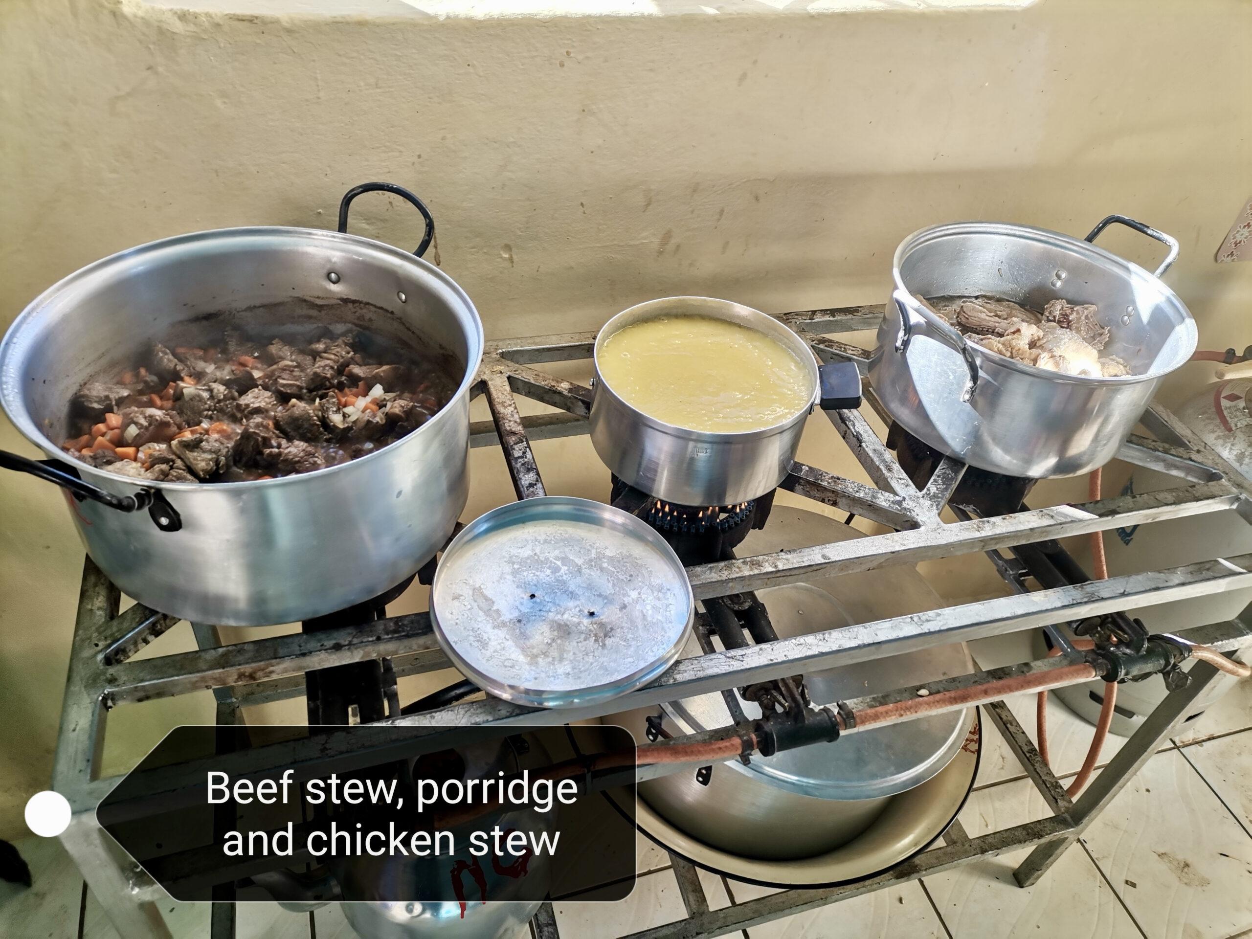 Beef stew, porridge and chicken stew