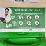 COVID-19 sanitising area within the clinic including “No mask, no entry” poster, “Wash and sanitise your hands” poster and “Keep clean, stay healthy” hand washing station sponsored by Dettol with correct handwashing illustration.